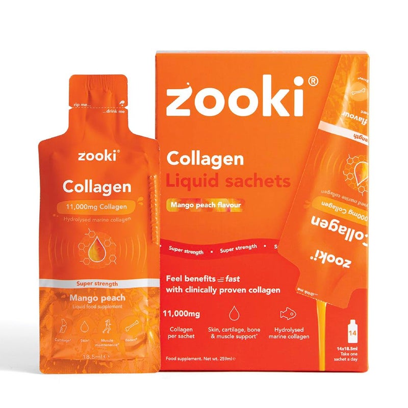 Zooki 11,000mg Super Strength Marine Collagen Liquid Sachets | Hydrolysed Peptides | Ultimate Skin, Hair, Nails, Joints, Bones & Muscles Support (Mango Peach Flavour, 30 Servings)